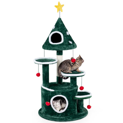 50" Christmas Cat Tree with 2 Condos & Scratching Post