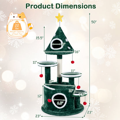 50" Christmas Cat Tree with 2 Condos & Scratching Post