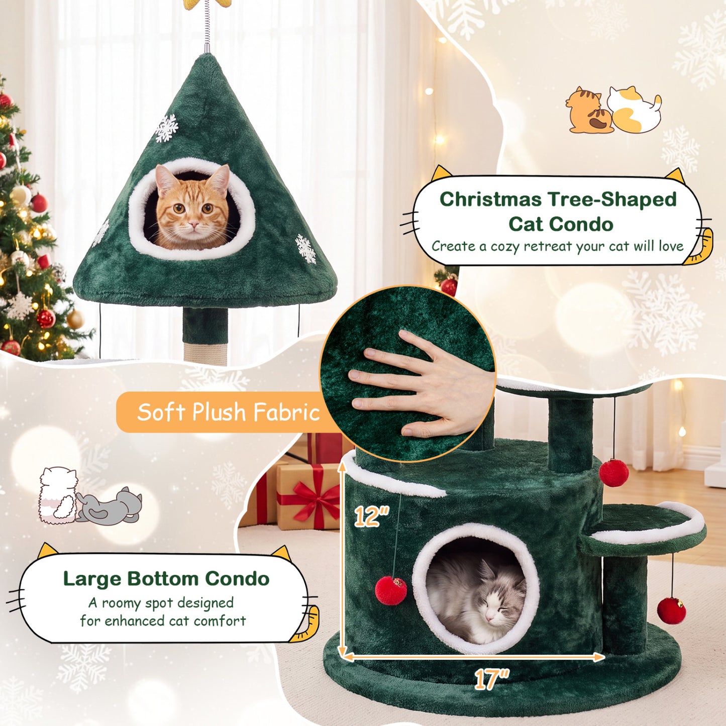50" Christmas Cat Tree with 2 Condos & Scratching Post