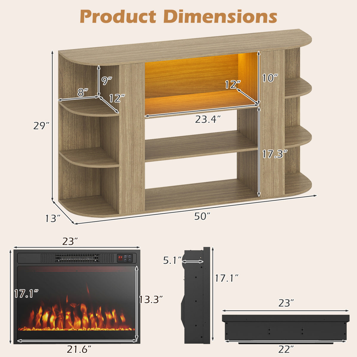 50” Fireplace TV Stand with RGB Lights and 23” Electric Fireplace for Living Room