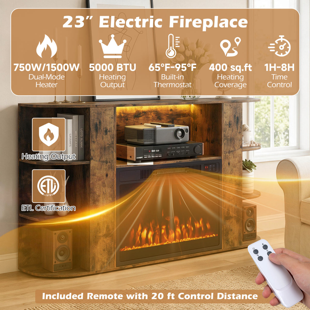 50” Fireplace TV Stand with RGB Lights and 23” Electric Fireplace for Living Room