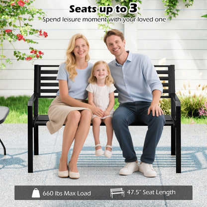 50 Inch Outdoor Metal Park Bench Patio Slatted Garden Bench for 2-3 People-Black