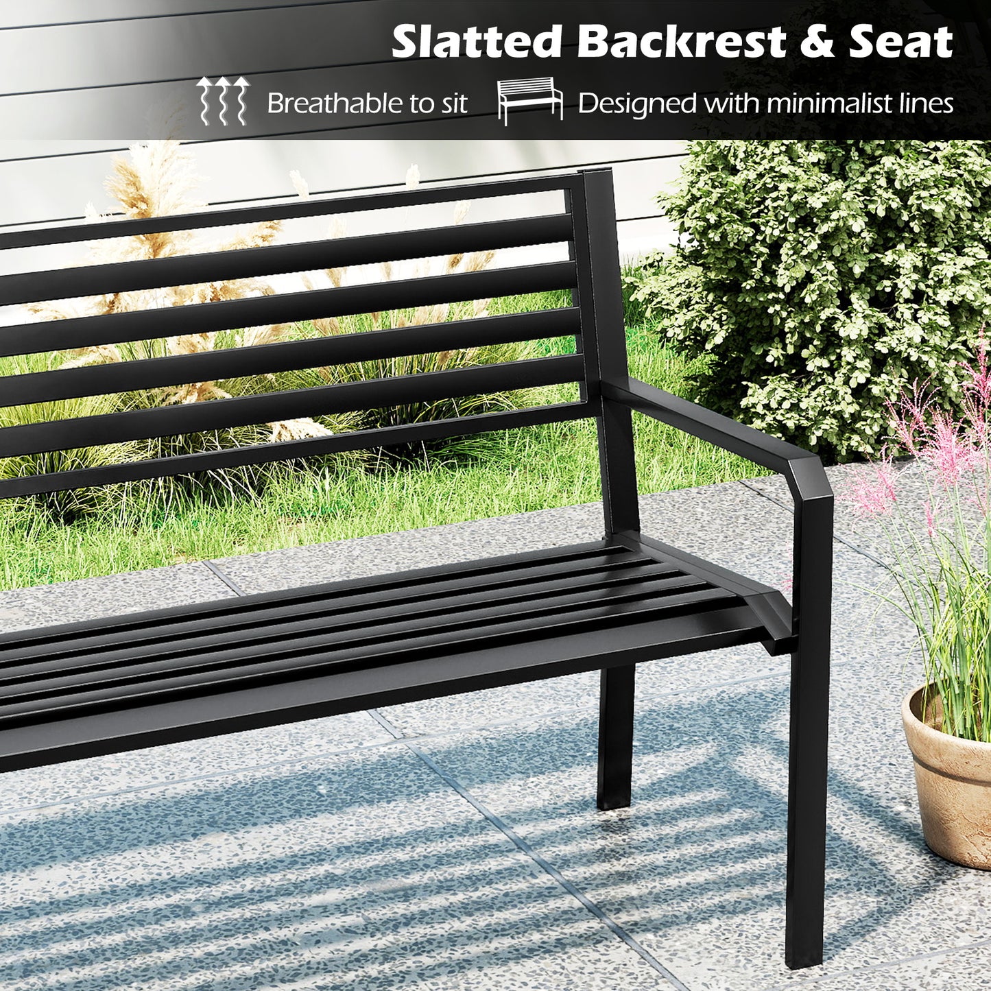 50 Inch Outdoor Metal Park Bench Patio Slatted Garden Bench for 2-3 People-Black