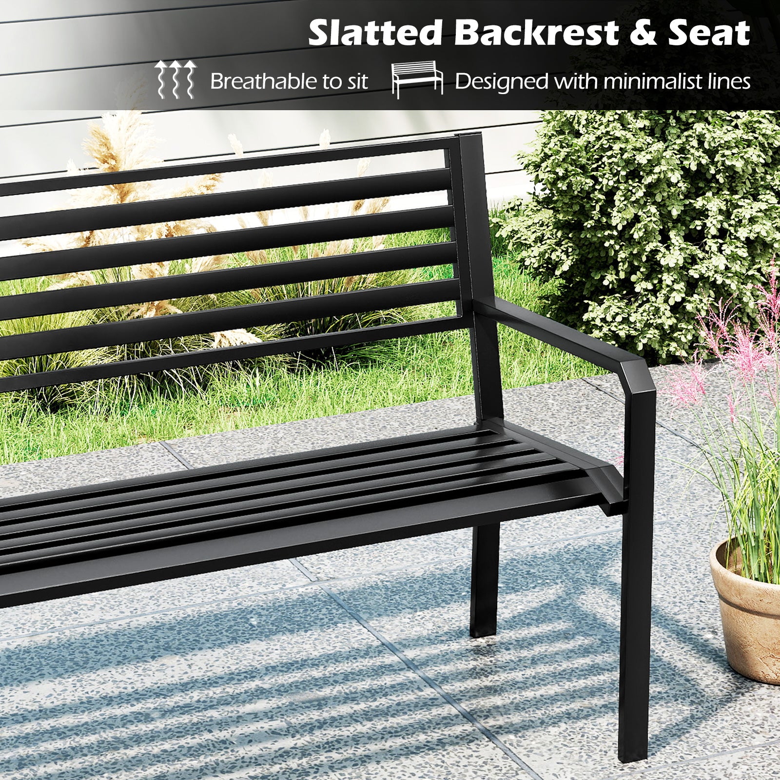 50 Inch Outdoor Metal Park Bench Patio Slatted Garden Bench for 2-3 People-Black