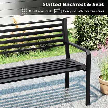 50 Inch Outdoor Metal Park Bench Patio Slatted Garden Bench for 2-3 People-Black