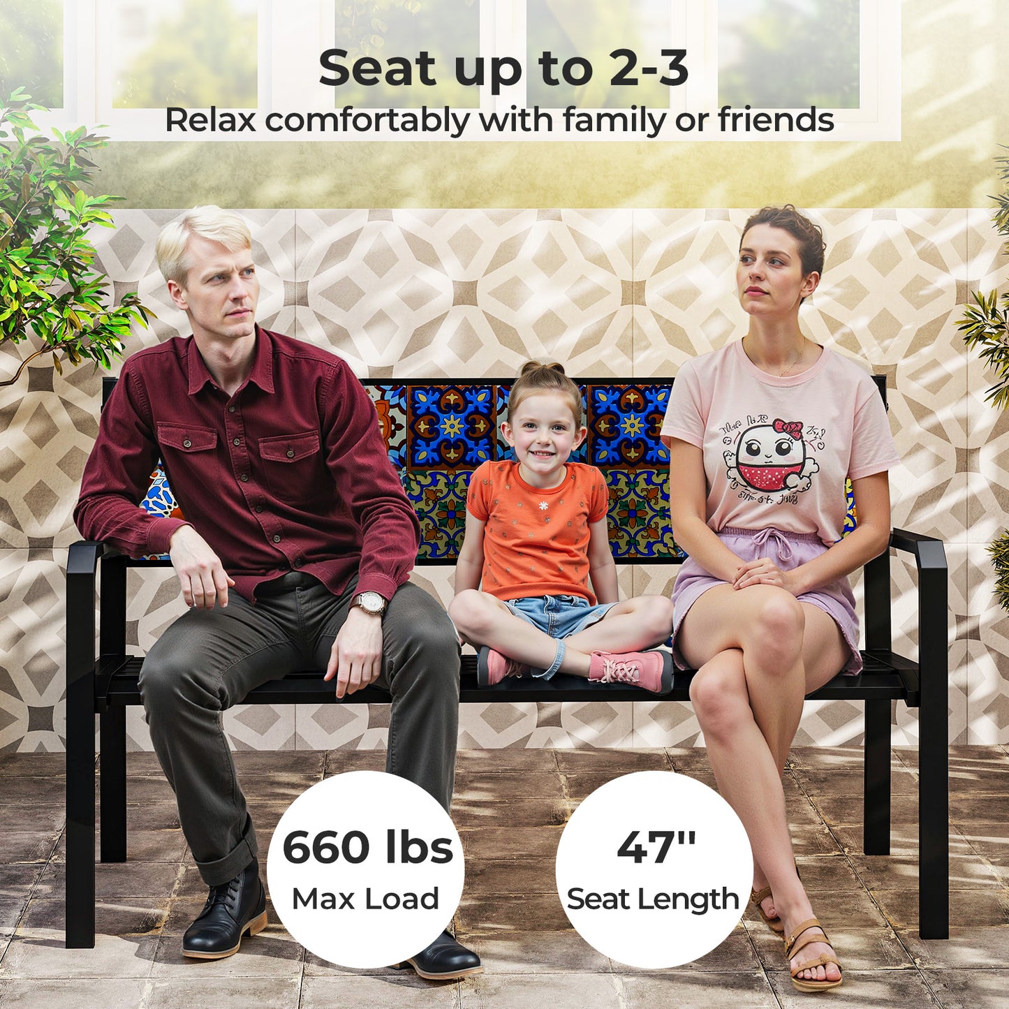 50 Inch Patio Metal Bench Slatted Loveseat for 2-3 People with Mosaic Backrest-Black
