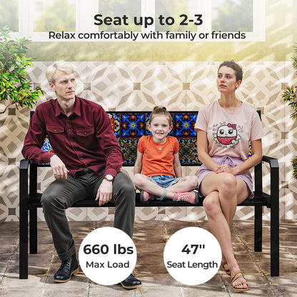 50 Inch Patio Metal Bench Slatted Loveseat for 2-3 People with Mosaic Backrest-Black