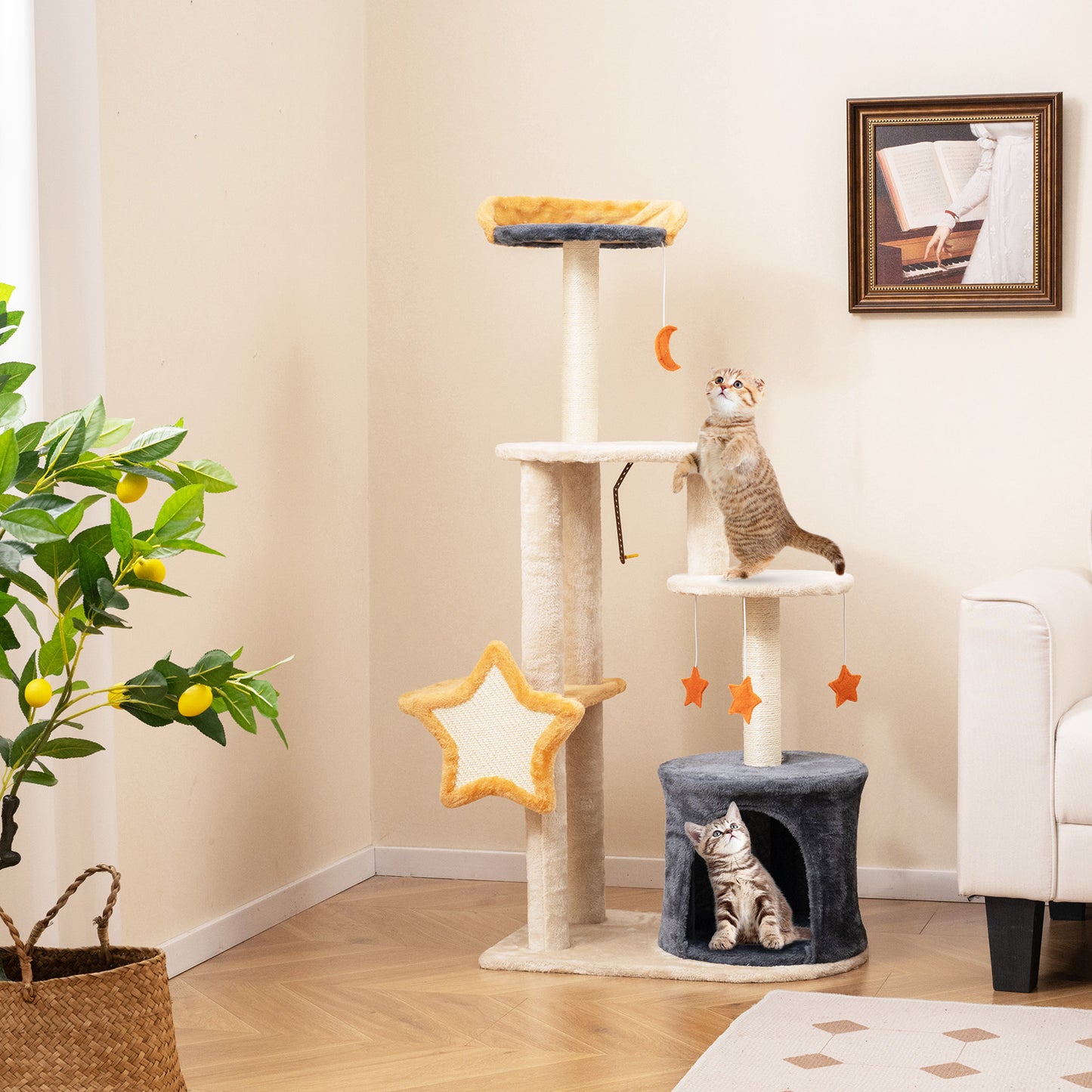 50 Inches Cute Cat Tree for Indoor Cats with Sisal Scratching Posts and Board