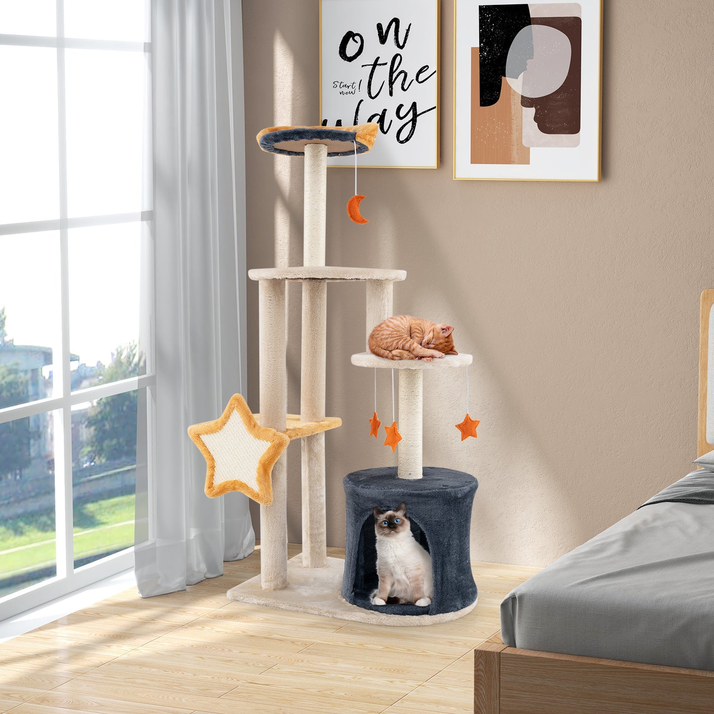 50 Inches Cute Cat Tree for Indoor Cats with Sisal Scratching Posts and Board