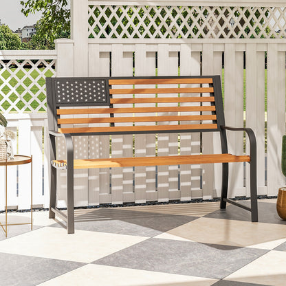 50 Inch Outdoor Garden Bench with Flag Pattern Backrest and Rustic Wood Grain Finish-Brown