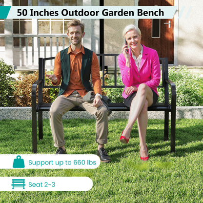 50 Inches Outdoor Garden Bench with Slatted Backrest and Curved Armrests-Black