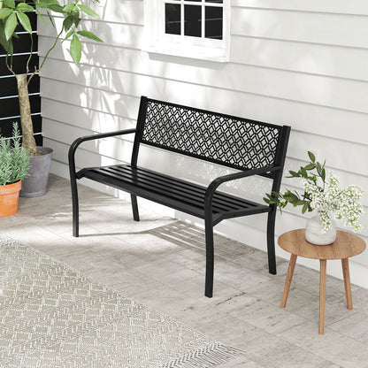 50 Inches Outdoor Garden Bench with Geometric Lattice Backrest and Slatted Seat