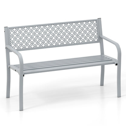 50 Inches Outdoor Garden Bench with Geometric Lattice Backrest and Slatted Seat-Red - Gray