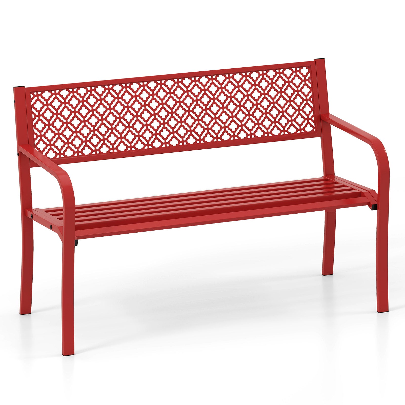 50 Inches Outdoor Garden Bench with Geometric Lattice Backrest and Slatted Seat-Red - Red