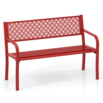 50 Inches Outdoor Garden Bench with Geometric Lattice Backrest and Slatted Seat-Red - Red
