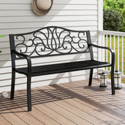 50 Inches Outdoor Garden Bench with Floral Design Backrest and Slatted Seat-Black