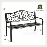 50 Inches Outdoor Garden Bench with Floral Design Backrest and Slatted Seat-Black