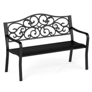 50 Inches Outdoor Cast Iron Metal Patio Bench with Floral Design Backrest and Slatted Seat-Black