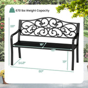50 Inches Outdoor Cast Iron Metal Patio Bench with Floral Design Backrest and Slatted Seat-Black