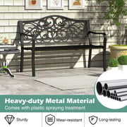 50 Inches Outdoor Cast Iron Metal Patio Bench with Floral Design Backrest and Slatted Seat-Black