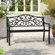50 Inches Outdoor Cast Iron Metal Patio Bench with Floral Design Backrest and Slatted Seat-Black