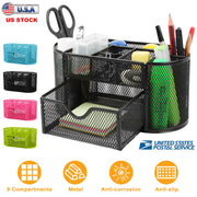 Metal Mesh Pencil Holders Desk Organizer w/ 9 Compartment Pen Holder Storage