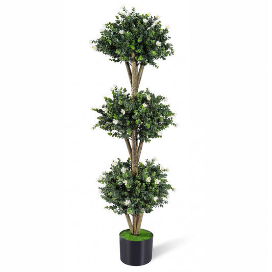 51" Artificial Triple Ball Boxwood Topiary Tree with 59 Blossoms