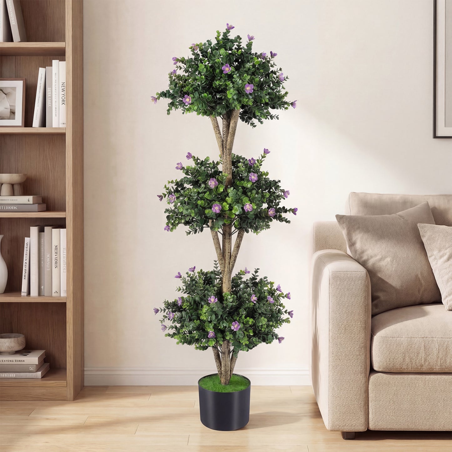 51" Artificial Triple Ball Boxwood Topiary Tree with 59 Blossoms