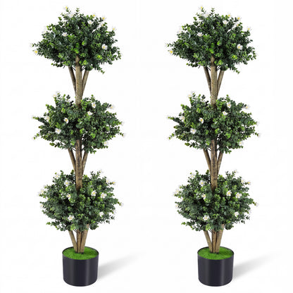 51" Artificial Triple Ball Boxwood Topiary Tree with 59 Blossoms Set of 2