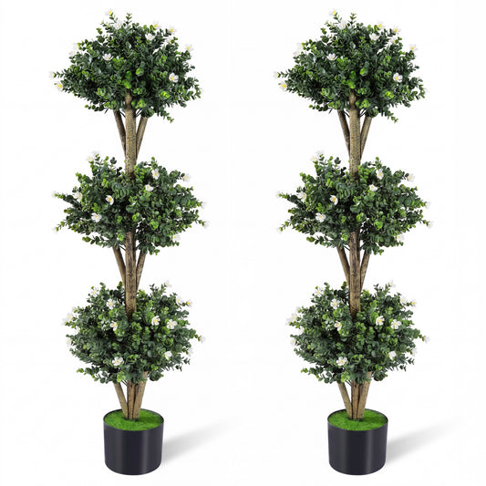 51" Artificial Triple Ball Boxwood Topiary Tree with 59 Blossoms Set of 2