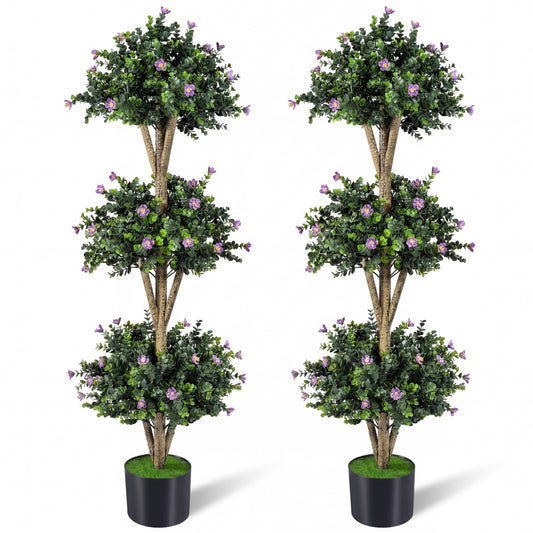 51" Artificial Triple Ball Boxwood Topiary Tree with 59 Blossoms Set of 2