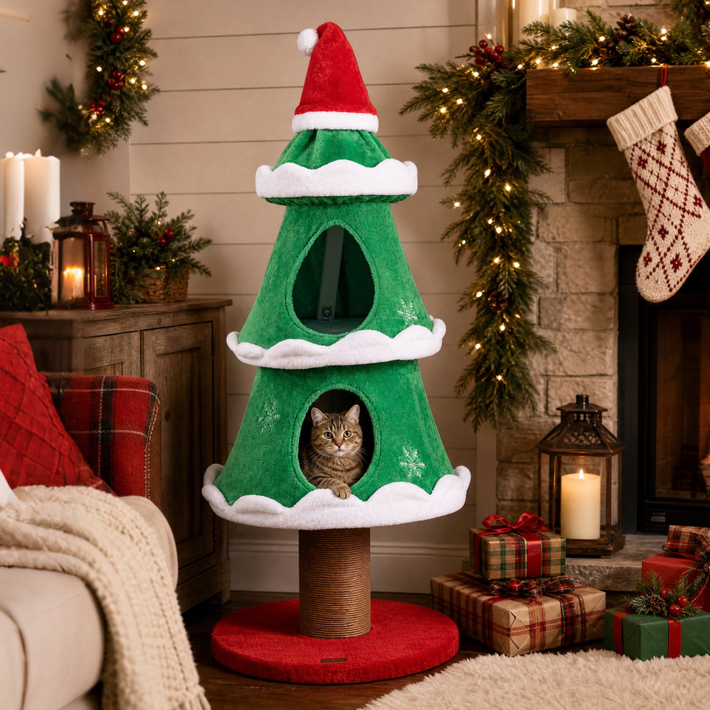 51" Christmas Cat Tree with 2 Condos & Scratching Post