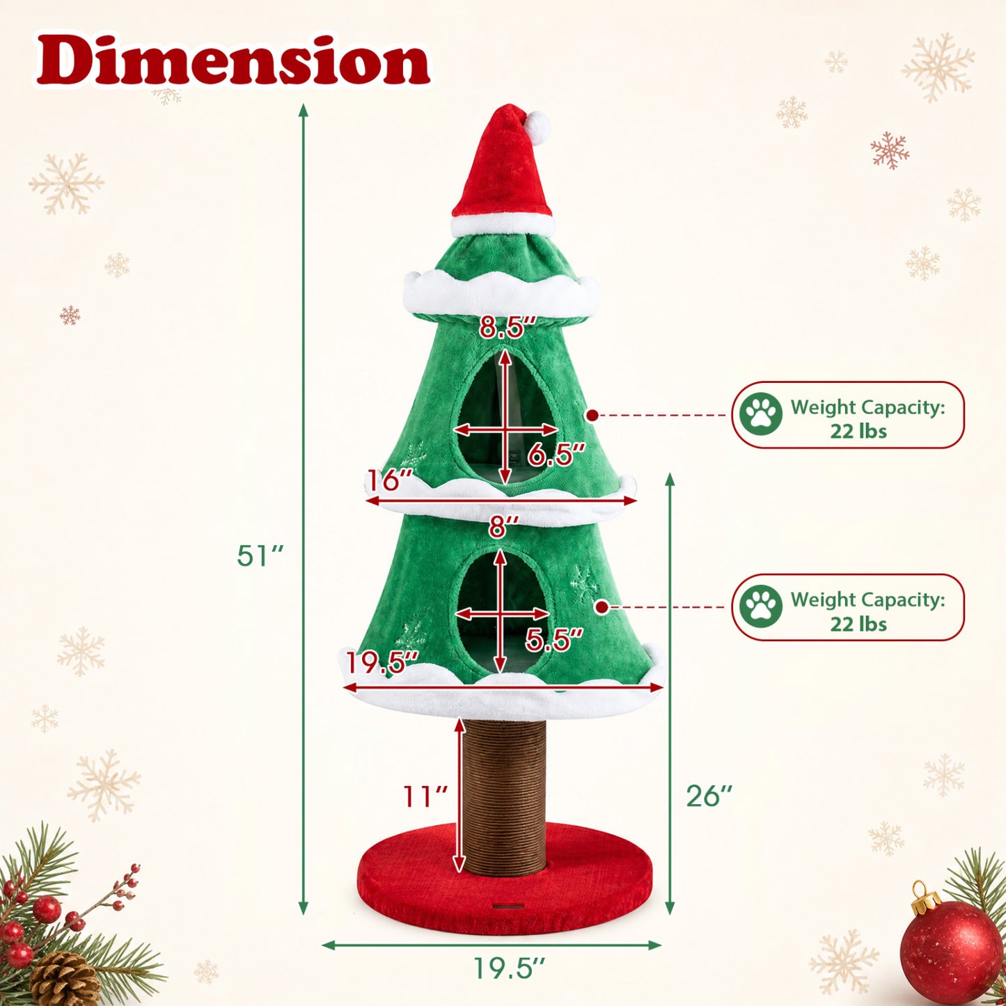 51" Christmas Cat Tree with 2 Condos & Scratching Post