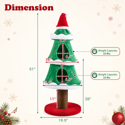 51" Christmas Cat Tree with 2 Condos & Scratching Post