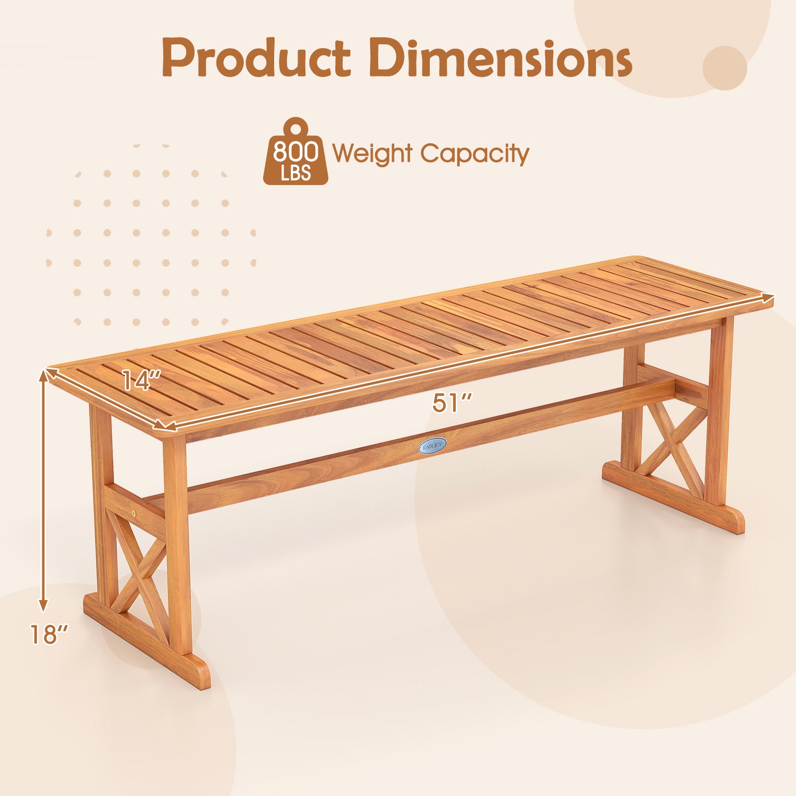 51 Inches Outdoor Acacia Wood Bench with Slatted Seat and 800 lbs Weight Capacity-1 Piece