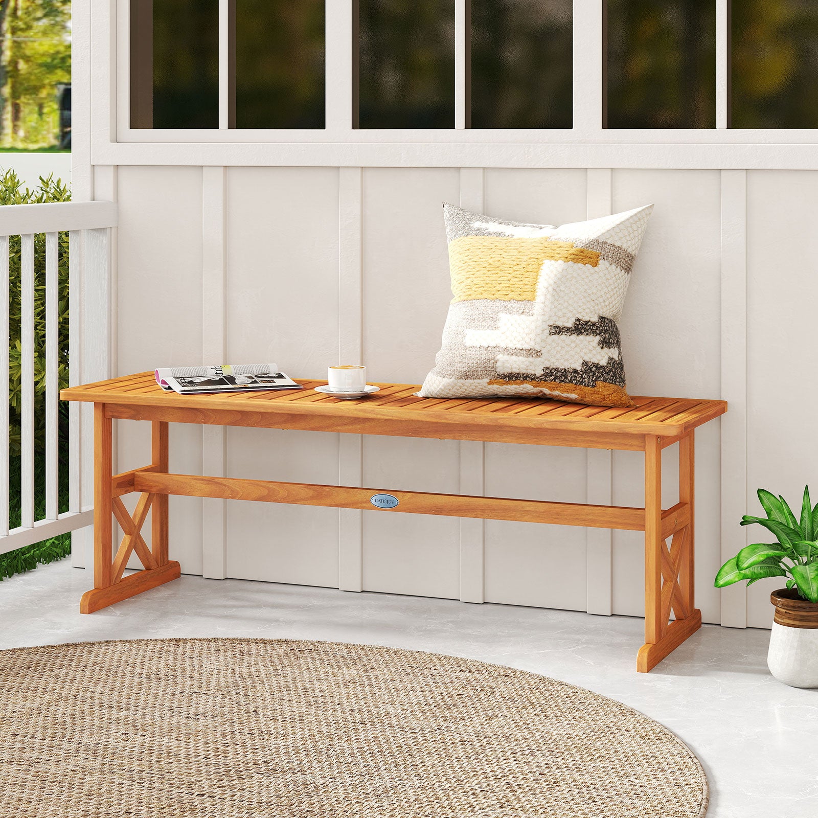 51 Inches Outdoor Acacia Wood Bench with Slatted Seat and 800 lbs Weight Capacity-1 Piece