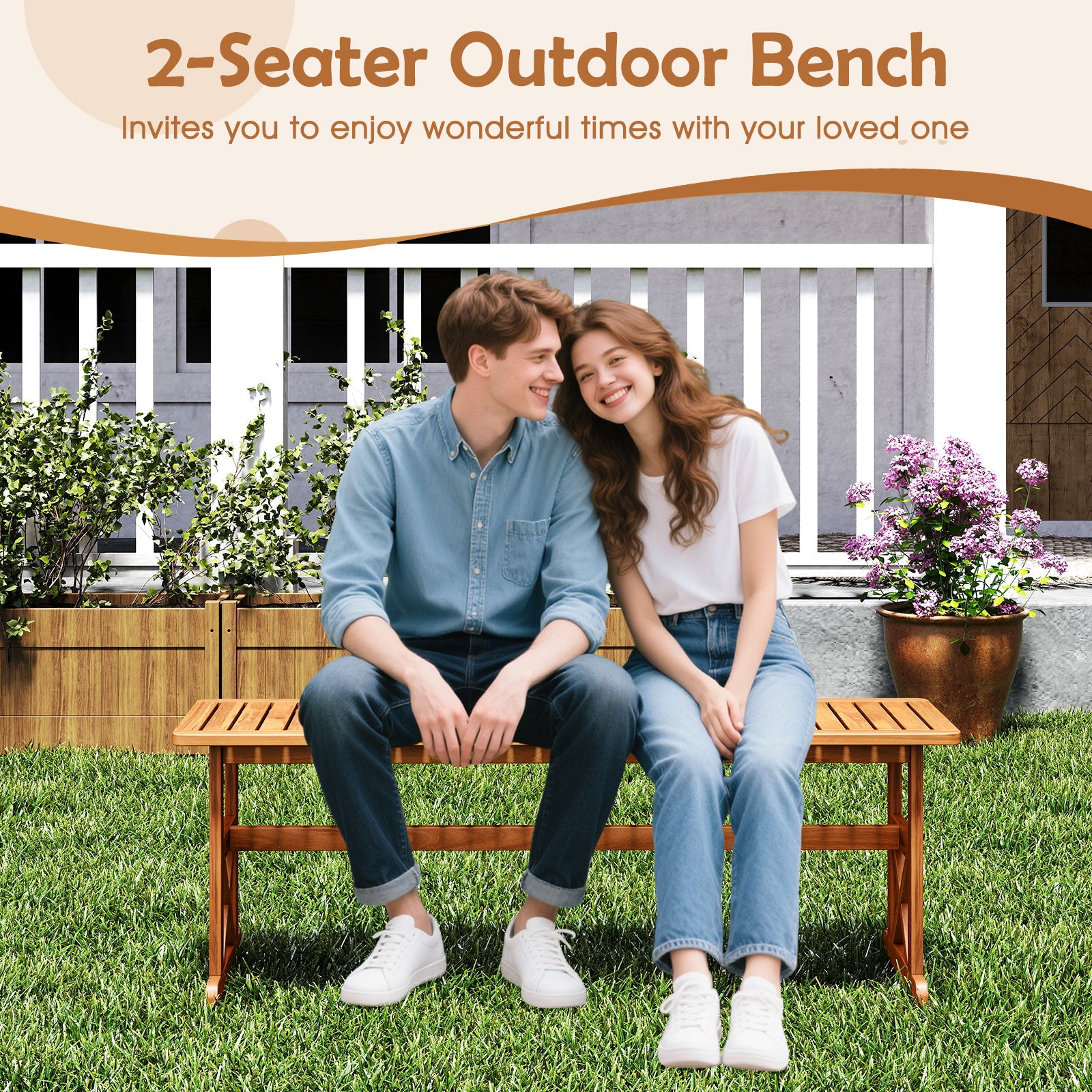 51 Inches Outdoor Acacia Wood Bench with Slatted Seat and 800 lbs Weight Capacity-1 Piece