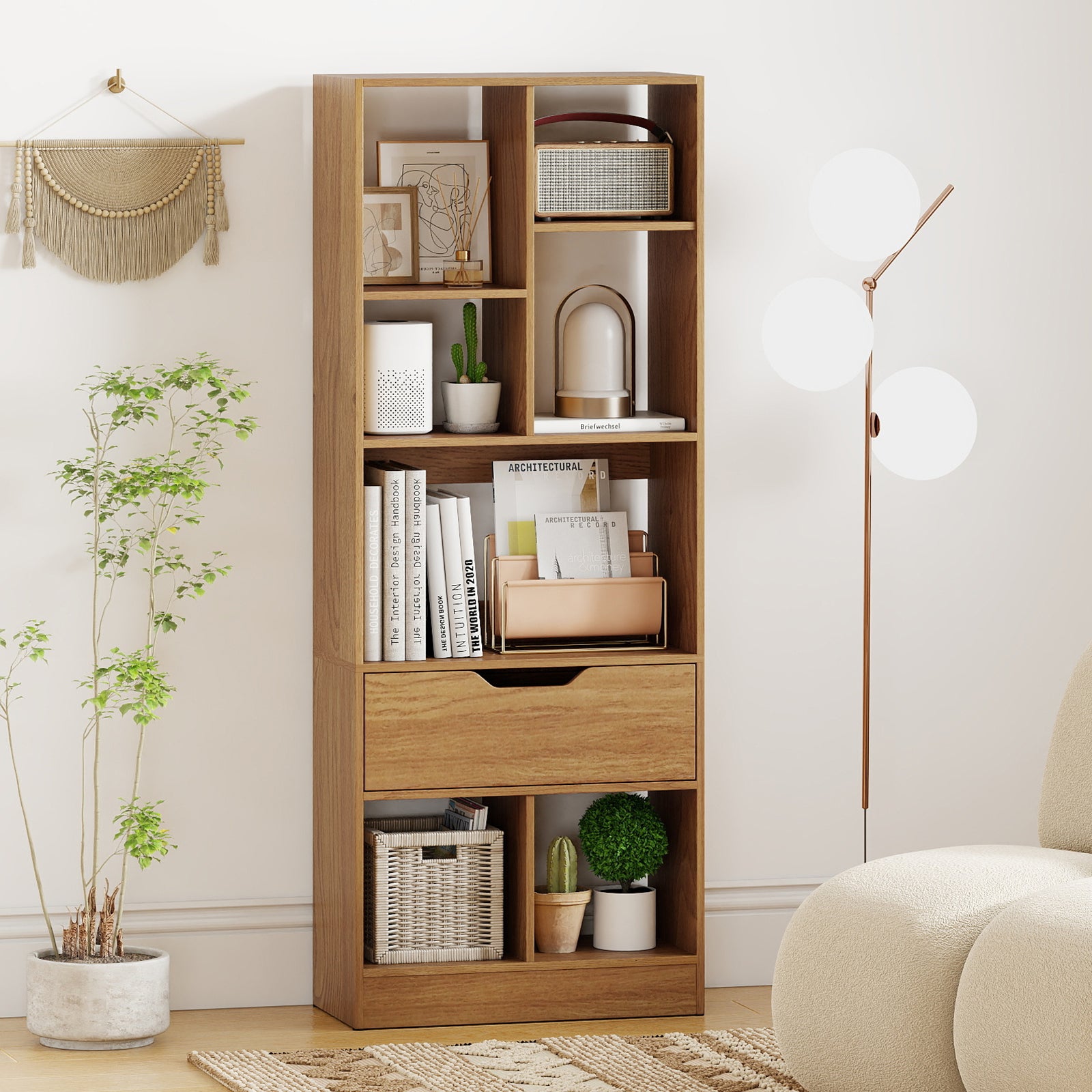 51inch Tall Freestanding Bookcase with Drawer 7-Cube Storage Organizer-Natural