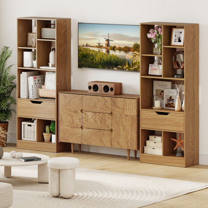 51inch Tall Freestanding Bookcase with Drawer 7-Cube Storage Organizer-Natural