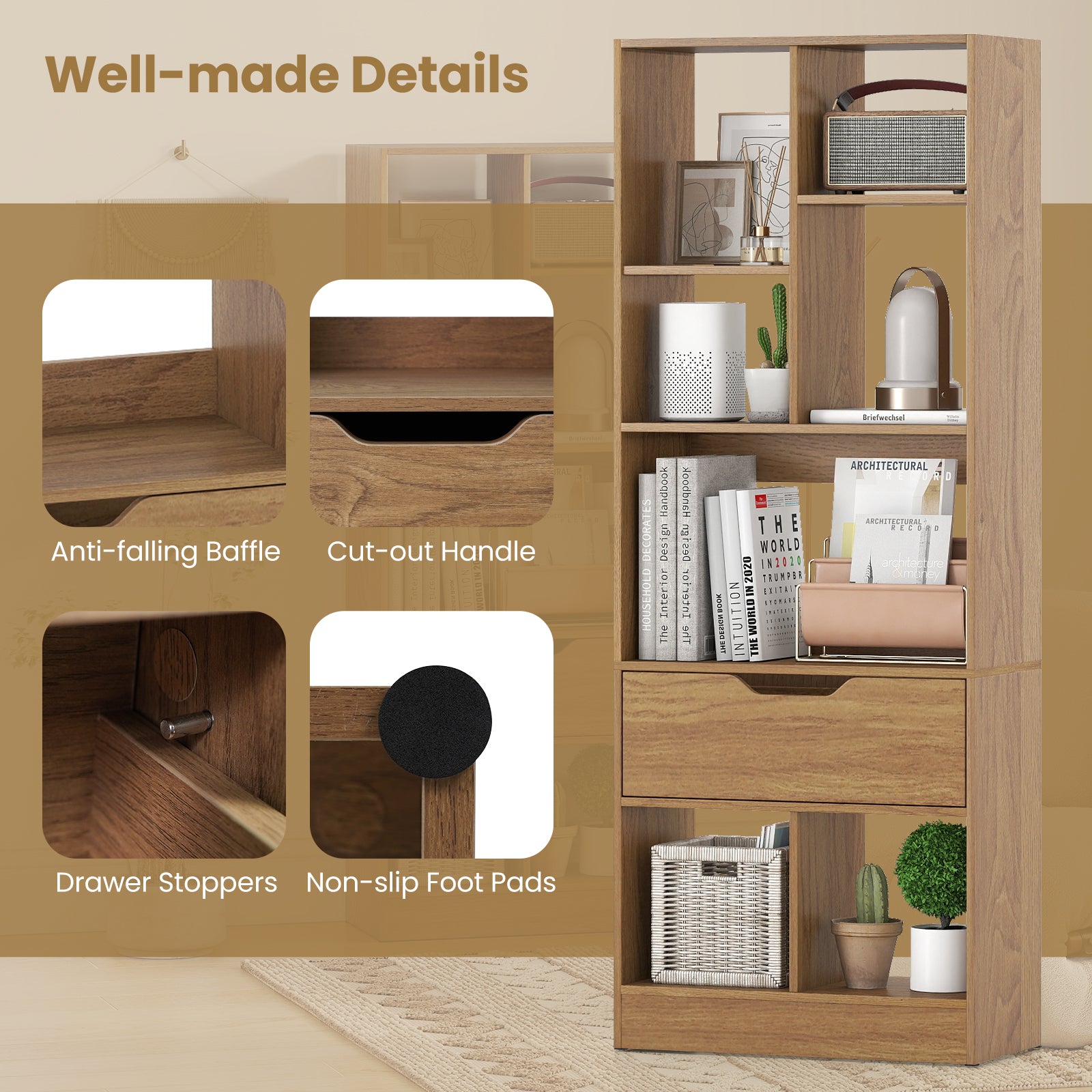 51inch Tall Freestanding Bookcase with Drawer 7-Cube Storage Organizer-Natural