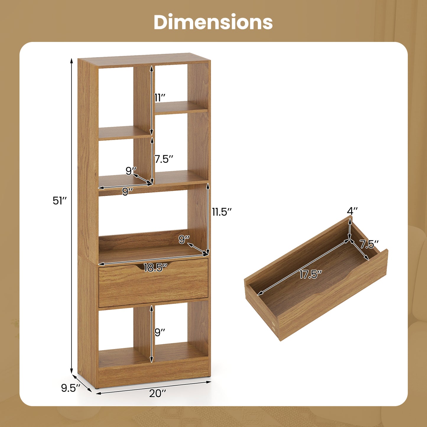 51inch Tall Freestanding Bookcase with Drawer 7-Cube Storage Organizer-Natural