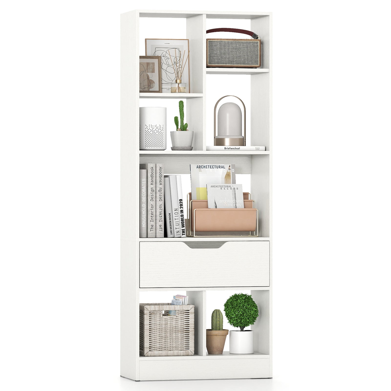 51inch Tall Freestanding Bookcase with Drawer 7-Cube Storage Organizer-White