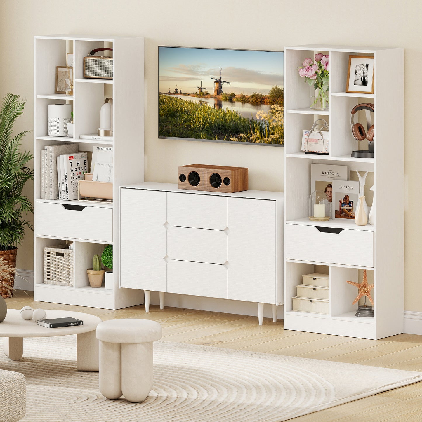 51inch Tall Freestanding Bookcase with Drawer 7-Cube Storage Organizer-White