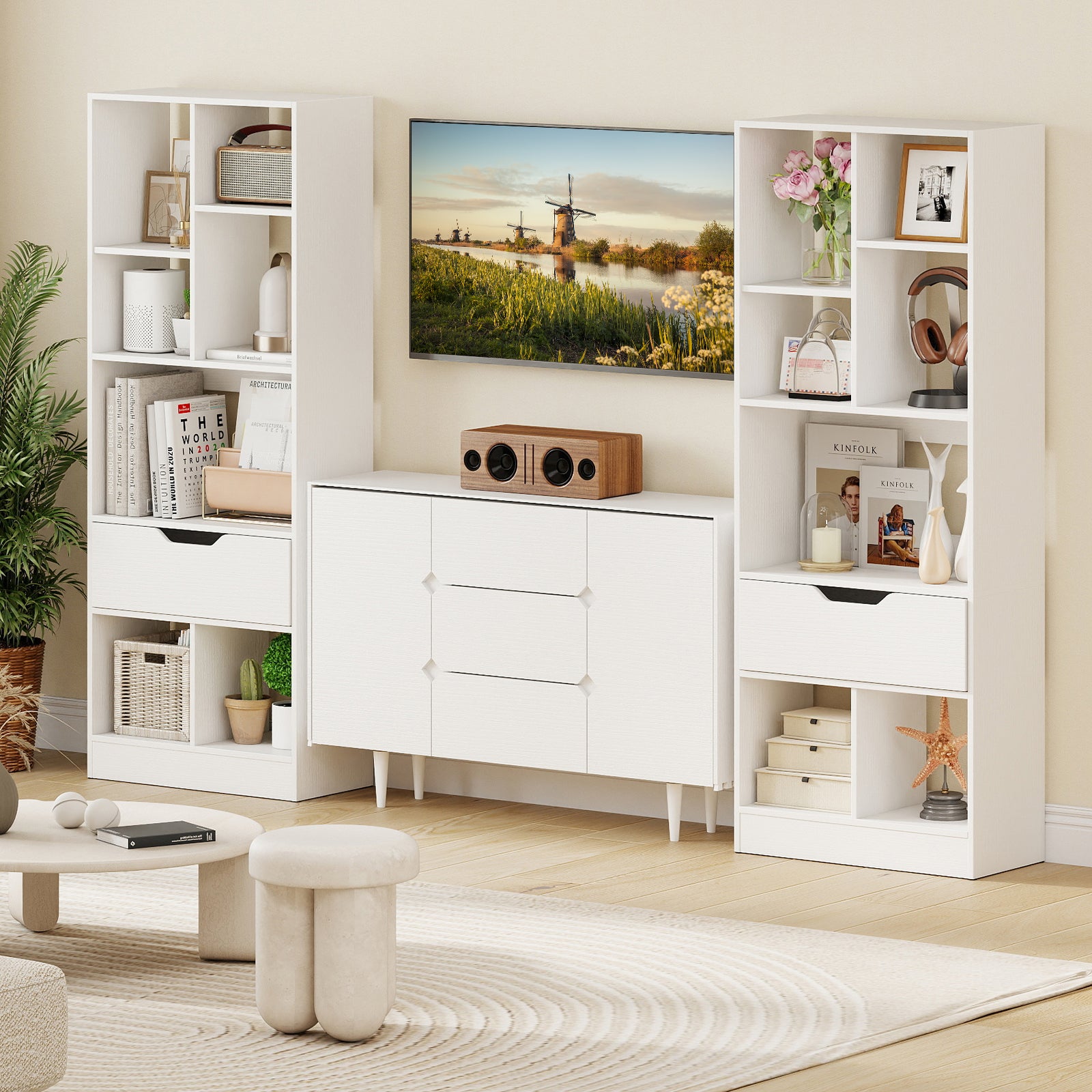 51inch Tall Freestanding Bookcase with Drawer 7-Cube Storage Organizer-White