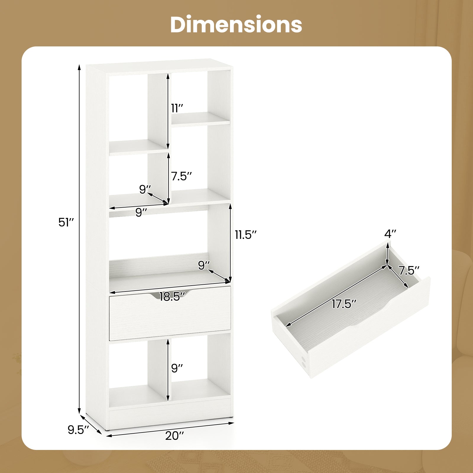 51inch Tall Freestanding Bookcase with Drawer 7-Cube Storage Organizer-White