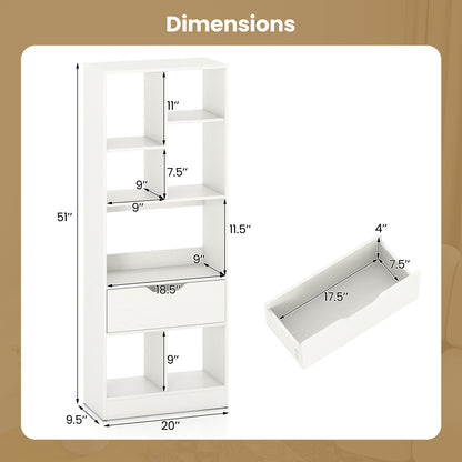51inch Tall Freestanding Bookcase with Drawer 7-Cube Storage Organizer-White