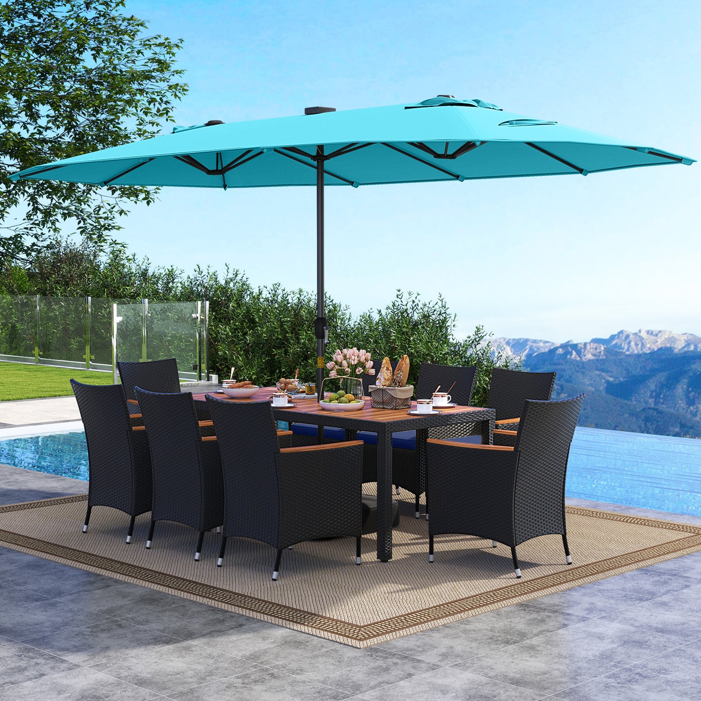 11 Pieces Patio Dining Set with LED Patio Umbrella with Base and Seat Cushions (Navy)-Turquoise