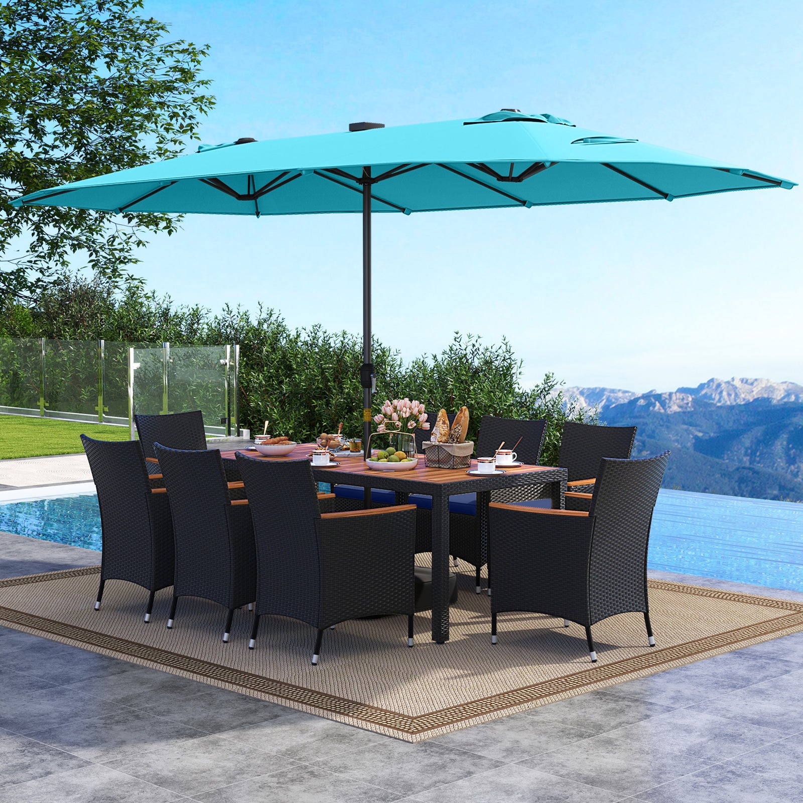 11 Pieces Patio Dining Set with LED Patio Umbrella with Base and Seat Cushions (Navy)-Turquoise