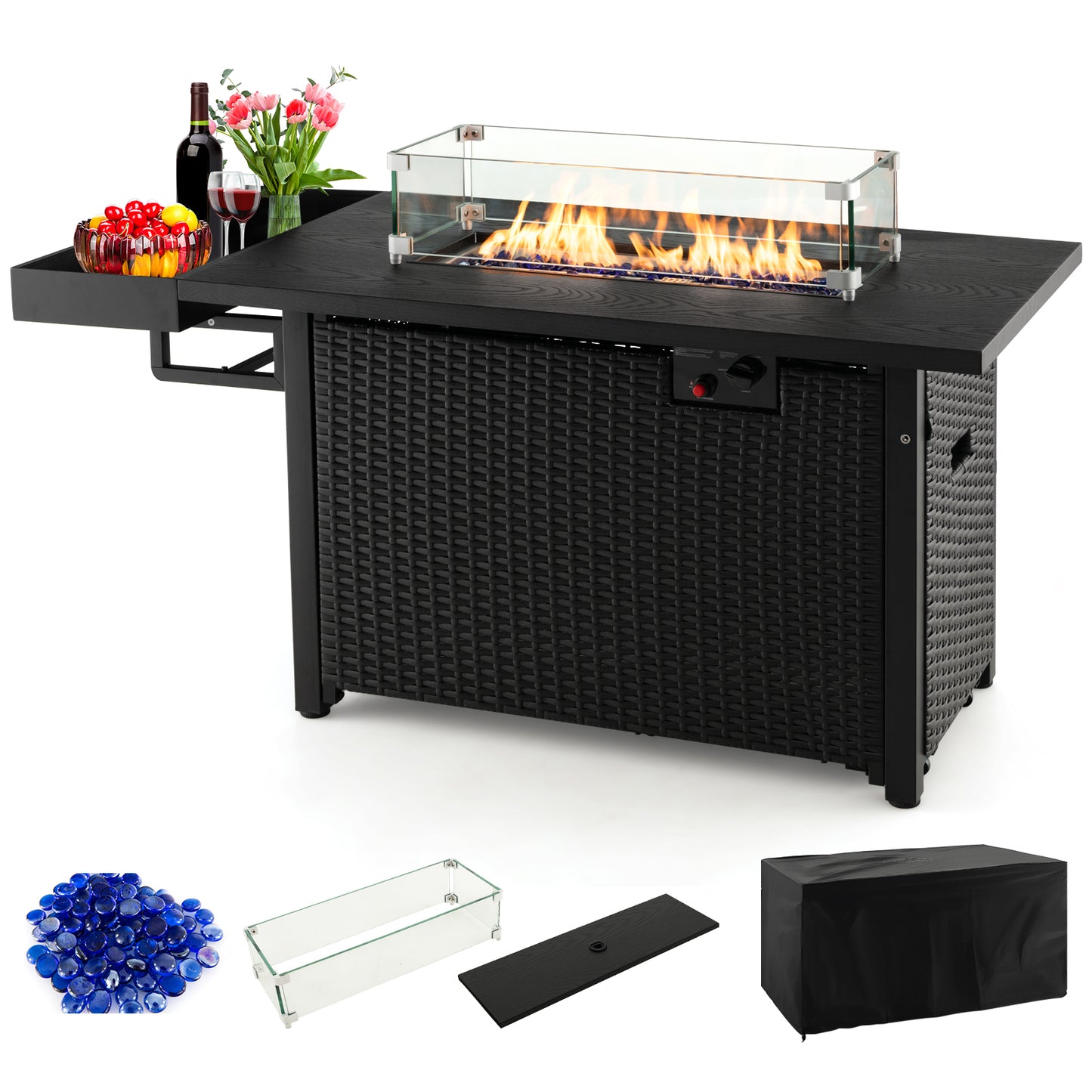 52 Inches Outdoor Wicker Gas Fire Pit Propane Fire Table with Cover-Brown - Black