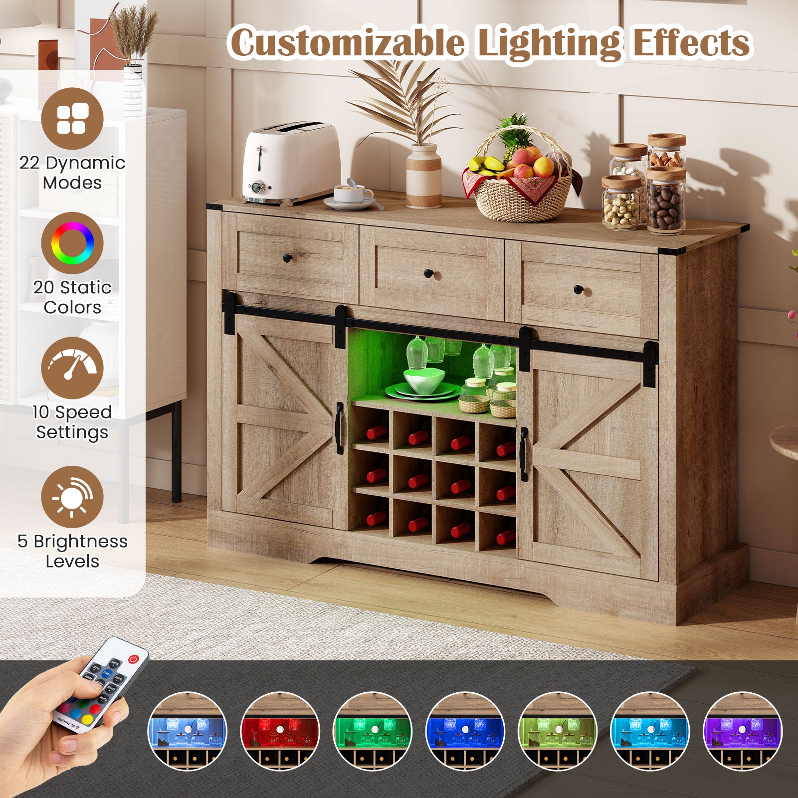 52 Inches Wine Bar Cabinet with LED Lights and Sliding Barn Doors-Light Gray